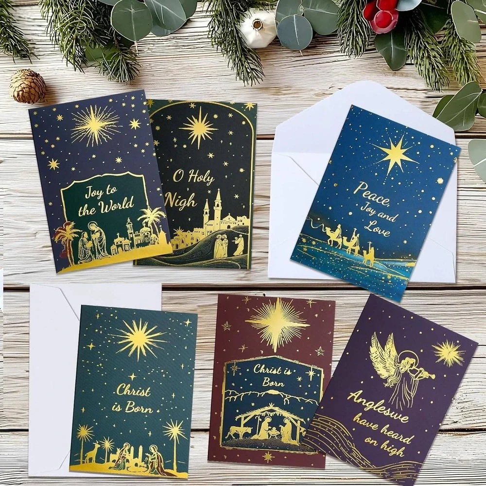 Christmas Cards Nativity Scene‎ Angel Gold Foil Joy to World Peace Love Messages